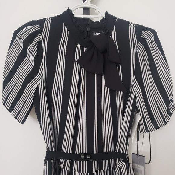 [NEW] Karl Lagerfeld Paris Striped Chiffon Dress/Bow Neck/Black Dress (Size 4) - Picture 7 of 11